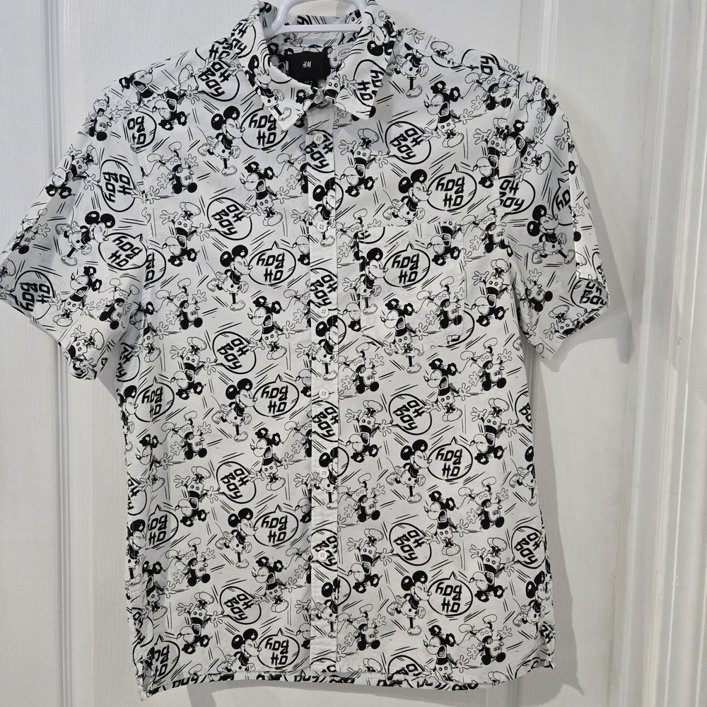 Mens MEDIUM Mickey Mouse Short Sleeve Button Up Shirt H&M X Disney.